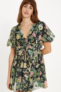 Garden Floral Metallic Tie Front Mini Dress