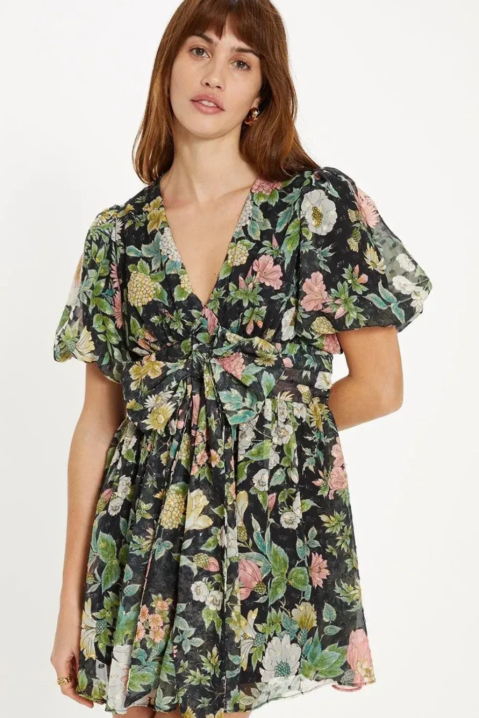 Garden Floral Metallic Tie Front Mini Dress