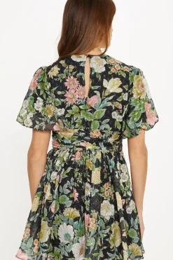 Garden Floral Metallic Tie Front Mini Dress