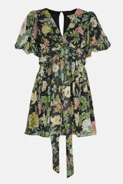 Garden Floral Metallic Tie Front Mini Dress