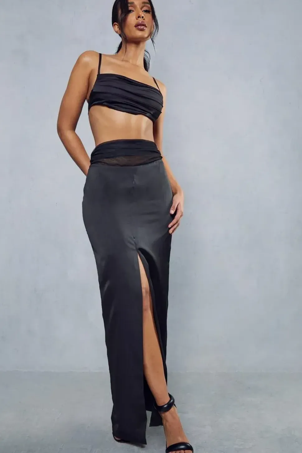 Gathered Mesh Satin Split Front Maxi Skirt