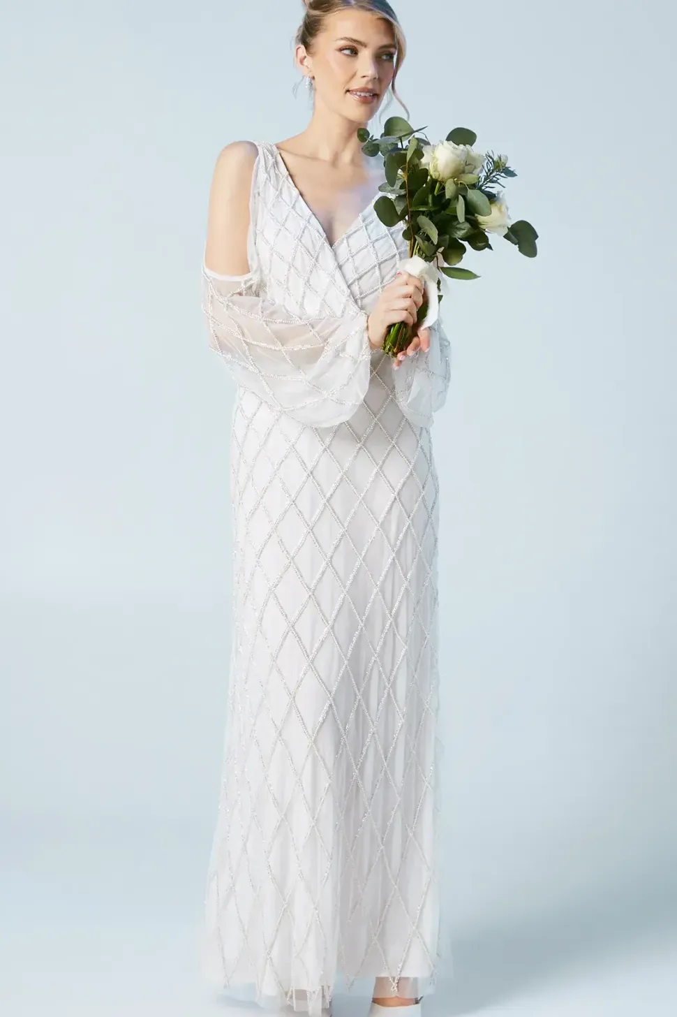 Geometric Embellished Cold Shoulder Wedding Dress