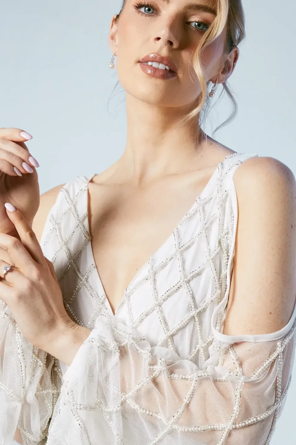 Geometric Embellished Cold Shoulder Wedding Dress