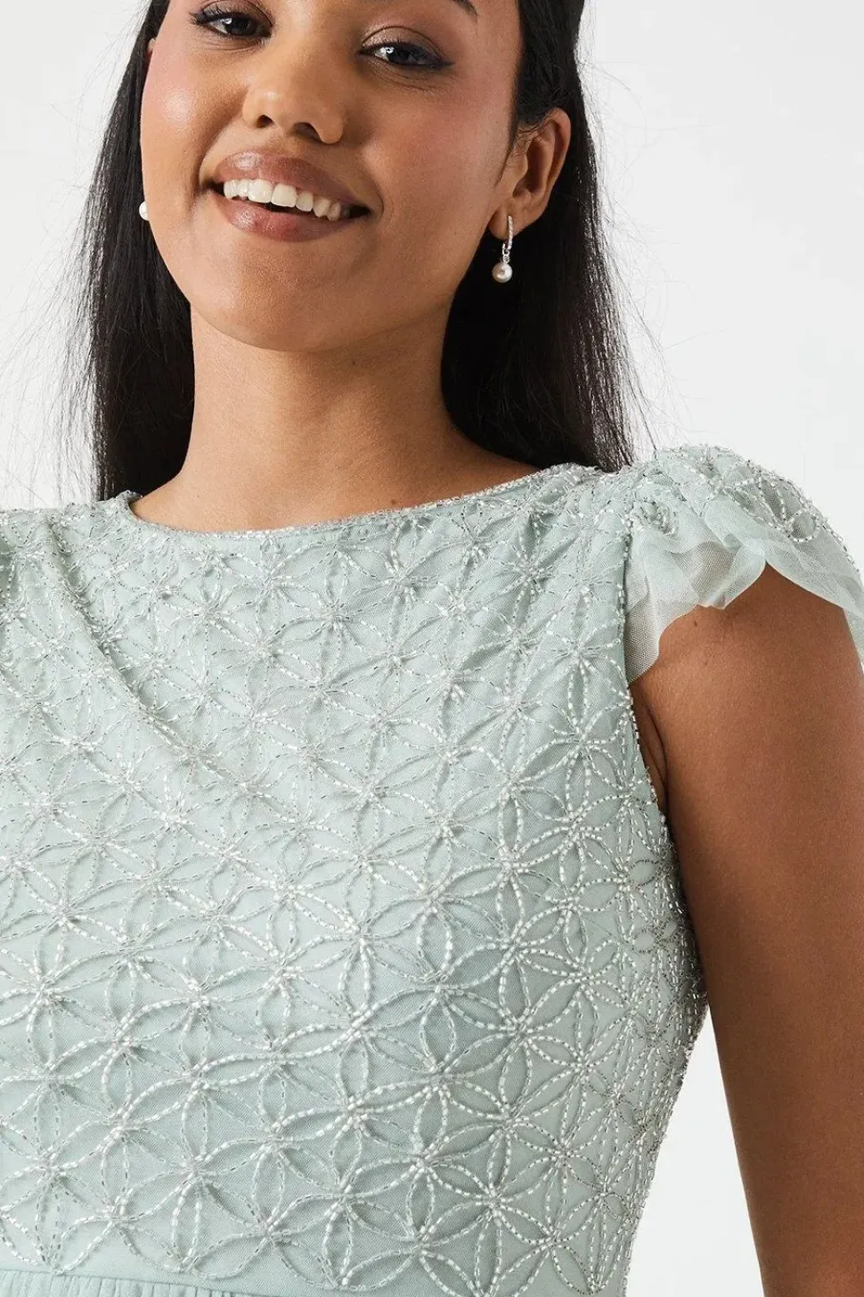 Geometric Embroidered Flutter Sleeve Bridesmaid Midi Dress