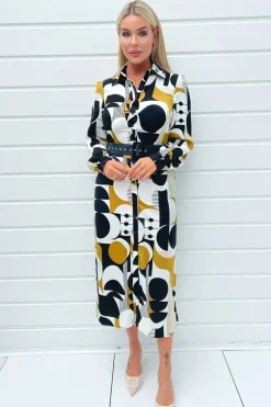 Geometric Print Button Front Midi Belted Shirt Dress