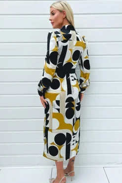 Geometric Print Button Front Midi Belted Shirt Dress