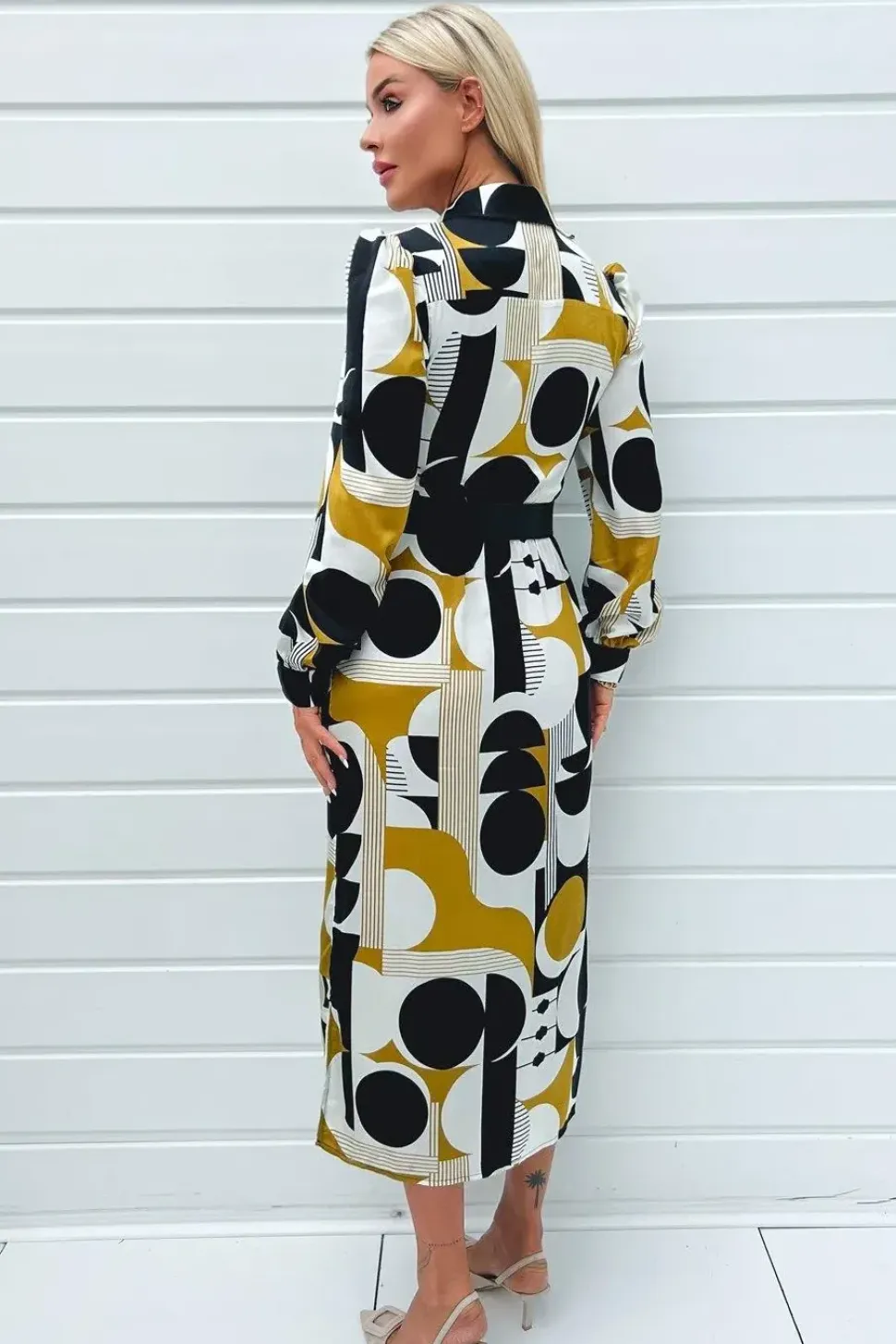 Geometric Print Button Front Midi Belted Shirt Dress