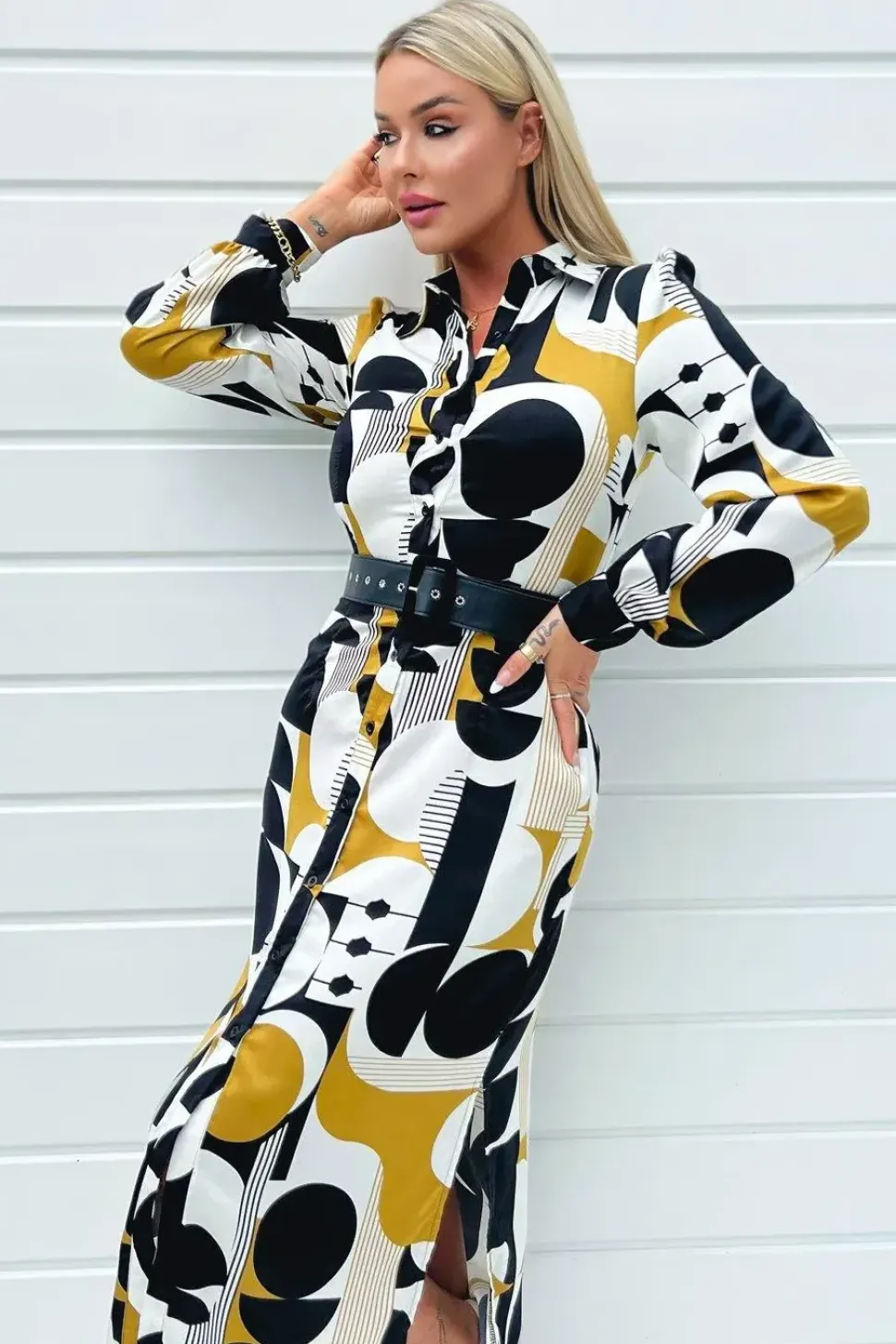 Geometric Print Button Front Midi Belted Shirt Dress