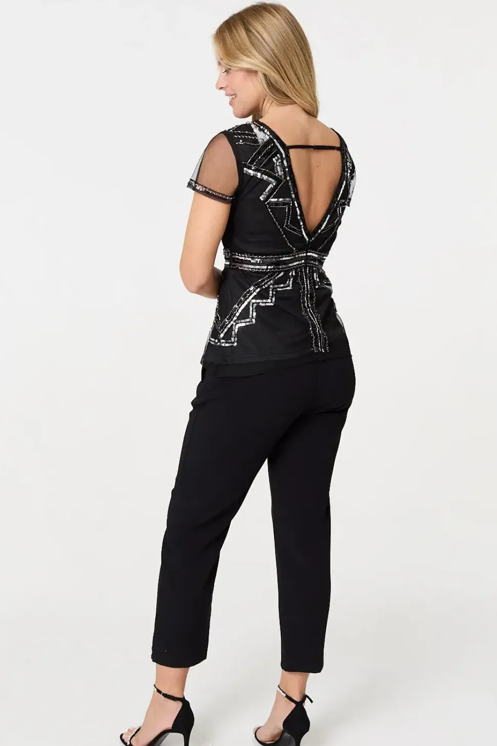 Geometric Sequin Mesh Short Sleeve Top