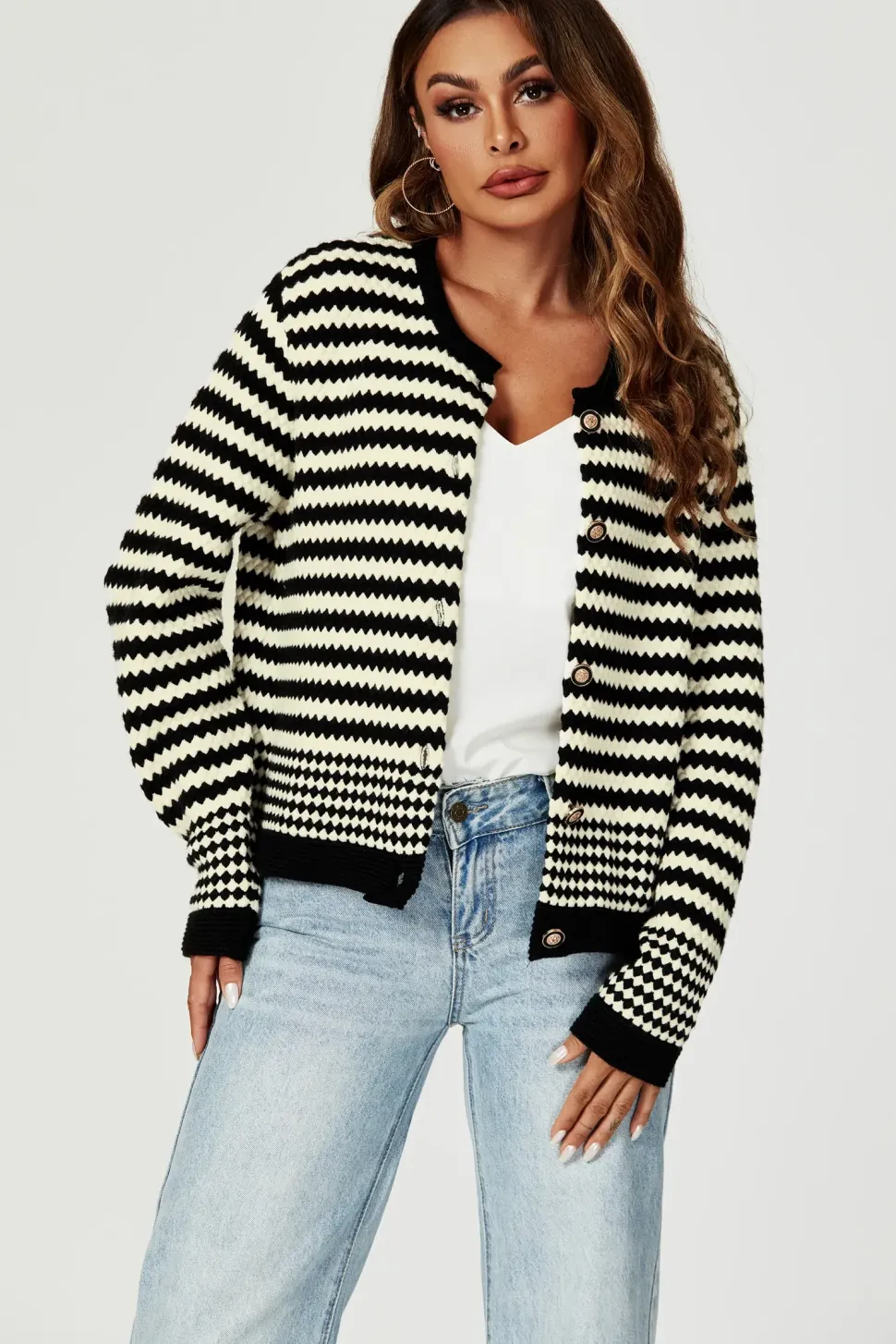 Geo Pattern Knitted Cardigan In Black