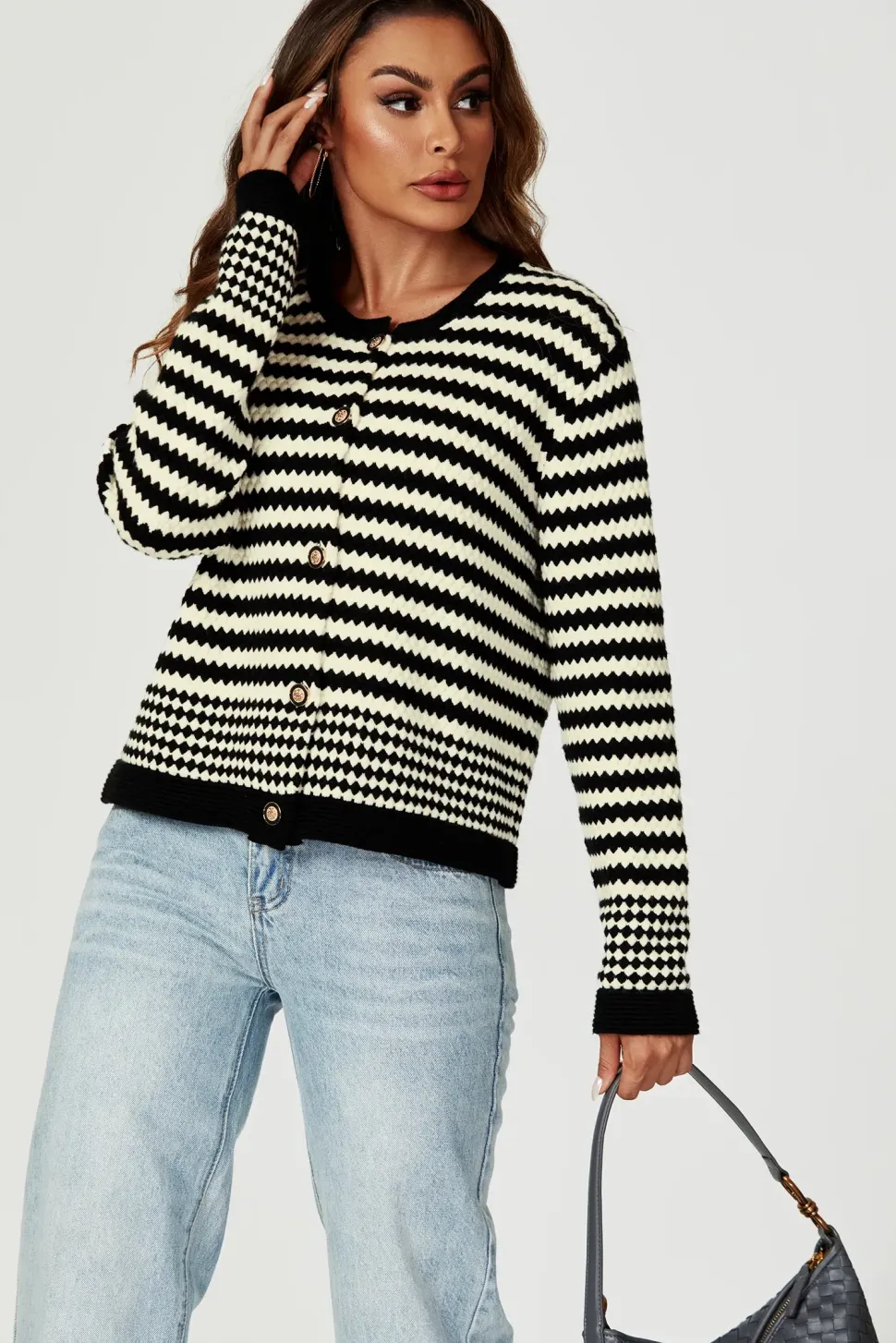 Geo Pattern Knitted Cardigan In Black
