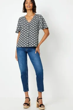 Geo Print Button Front Blouse