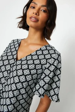 Geo Print Button Front Blouse