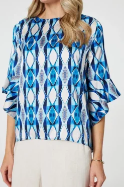 Geo Print 3/4 Flute Sleeve Curve Hem Blouse