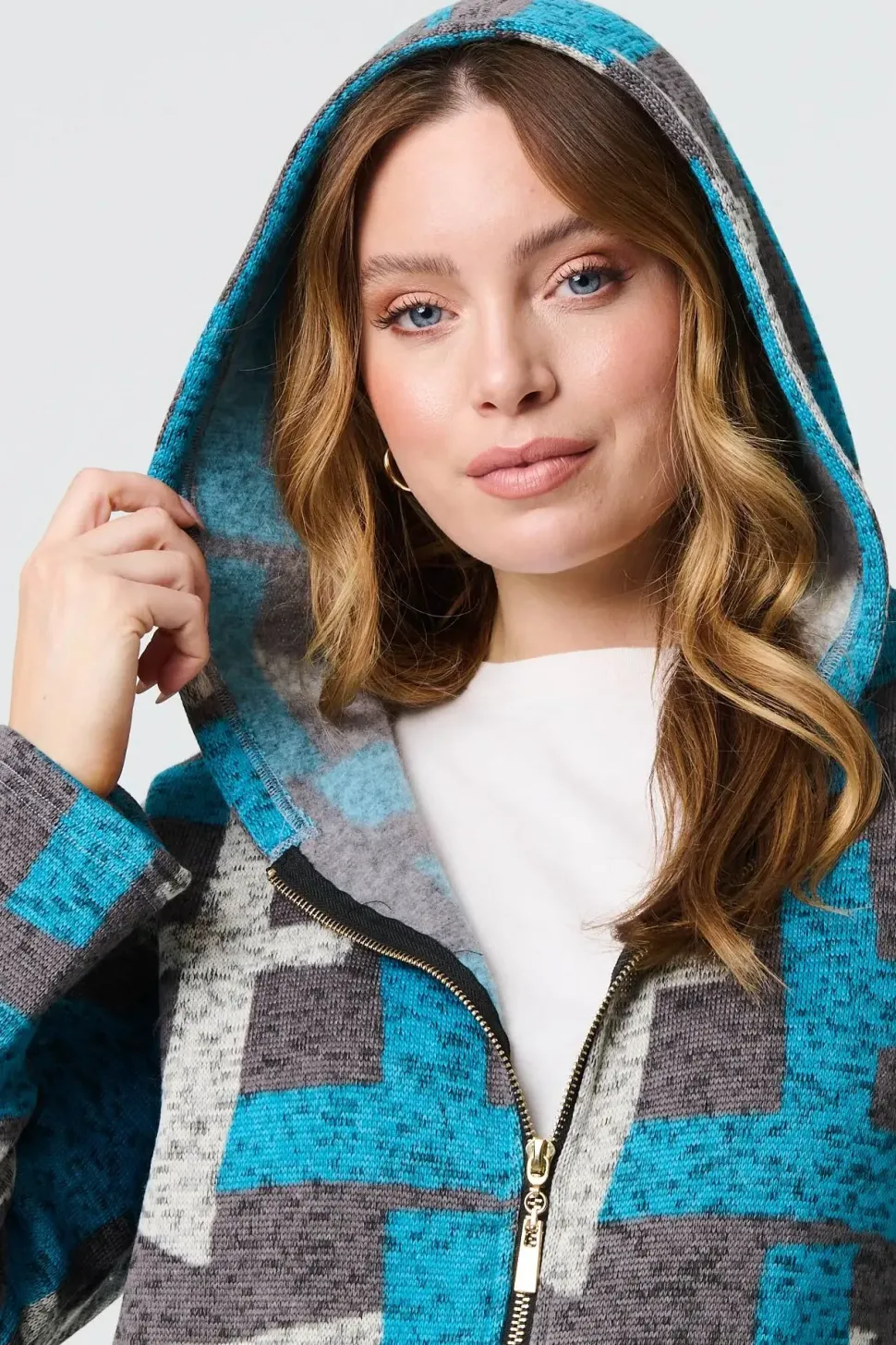 Geo Print Hooded Longline Zip-Up Jacket