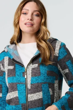 Geo Print Hooded Longline Zip-Up Jacket