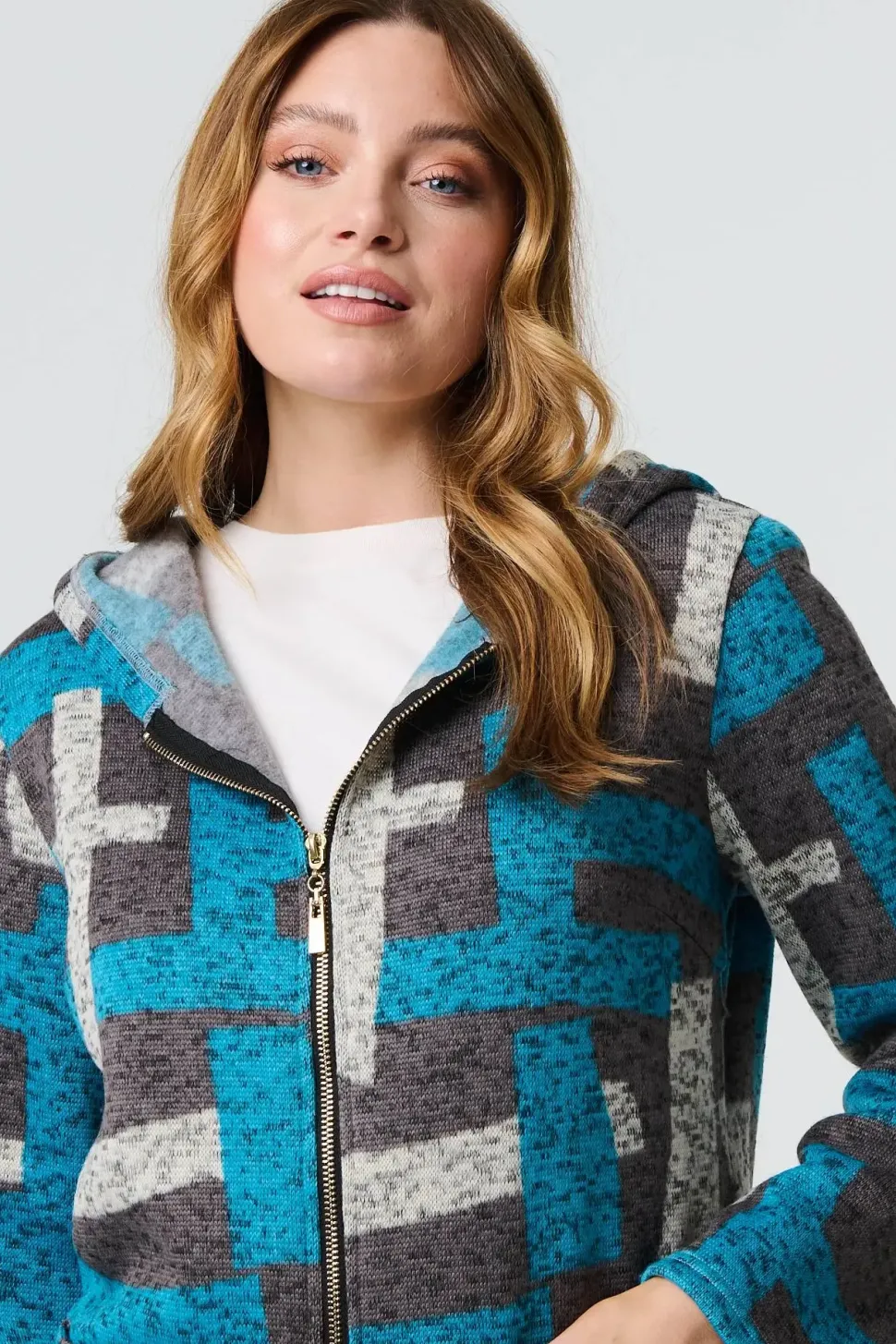 Geo Print Hooded Longline Zip-Up Jacket