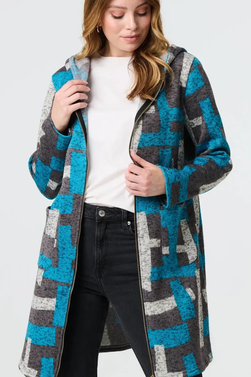 Geo Print Hooded Longline Zip-Up Jacket
