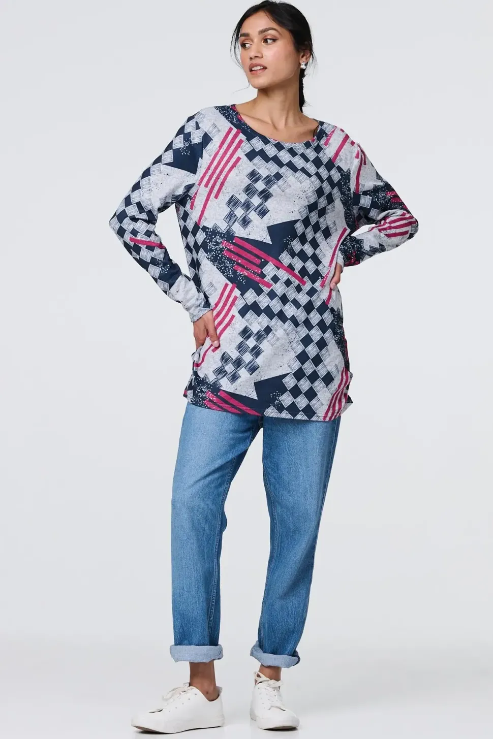 Geo Print Long Sleeve Tunic Top