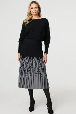 Geo Print Pleated Knit Midi Skirt