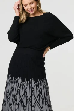 Geo Print Pleated Knit Midi Skirt