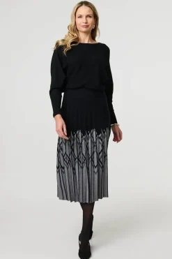 Geo Print Pleated Knit Midi Skirt