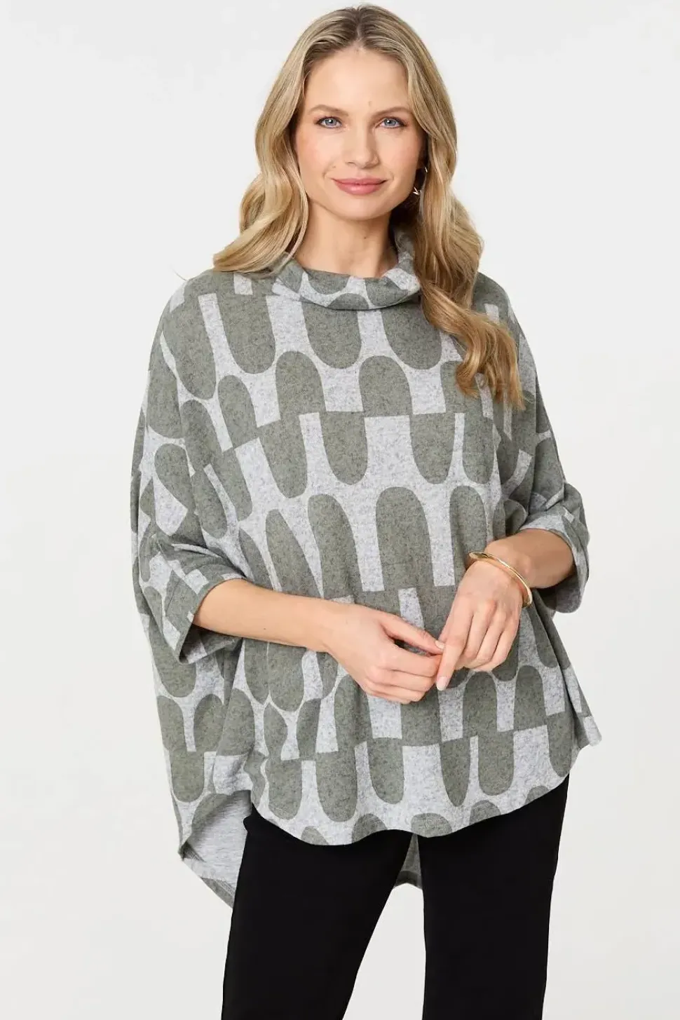 Geo Print Roll Neck Oversized Top