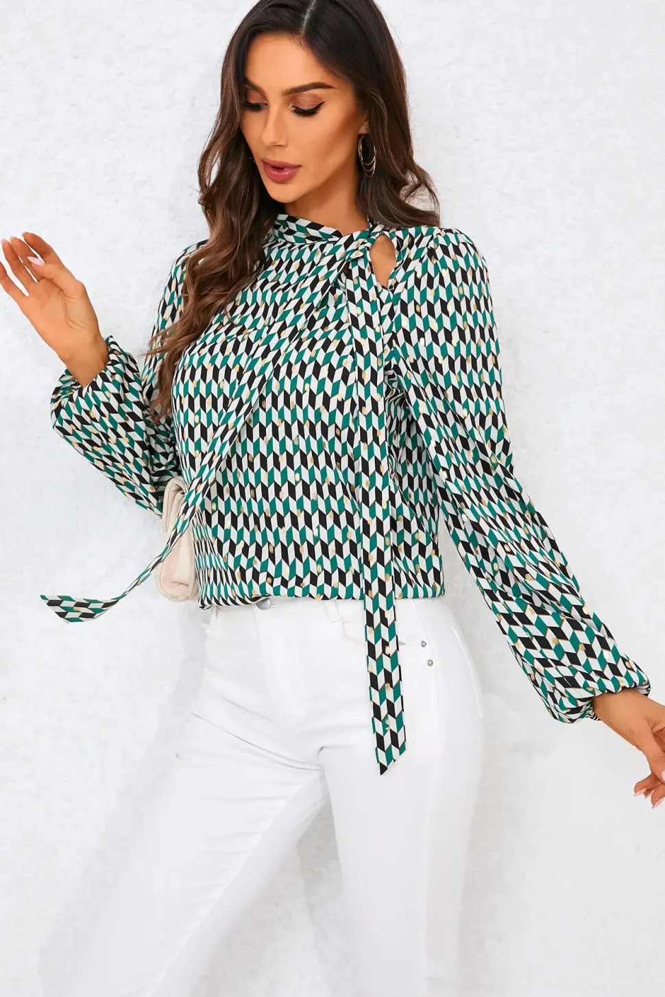 Geo Print Side Tie Blouse Top