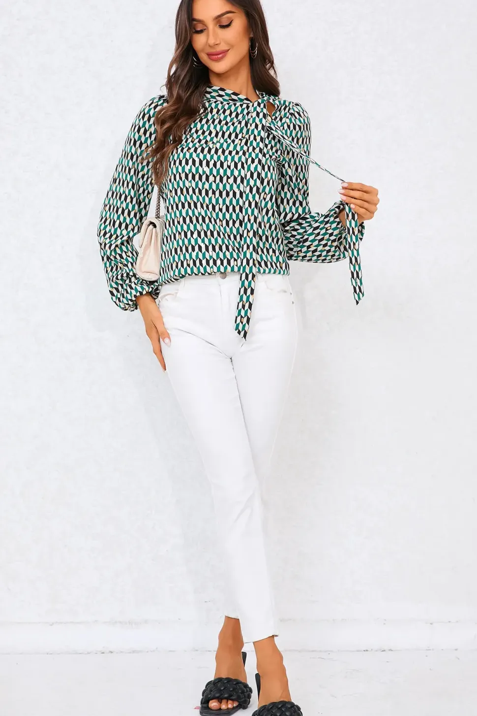 Geo Print Side Tie Blouse Top
