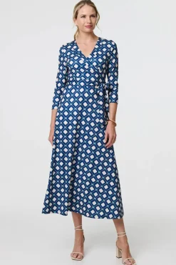 Geo Print 3/4 Sleeve Midi Wrap Dress