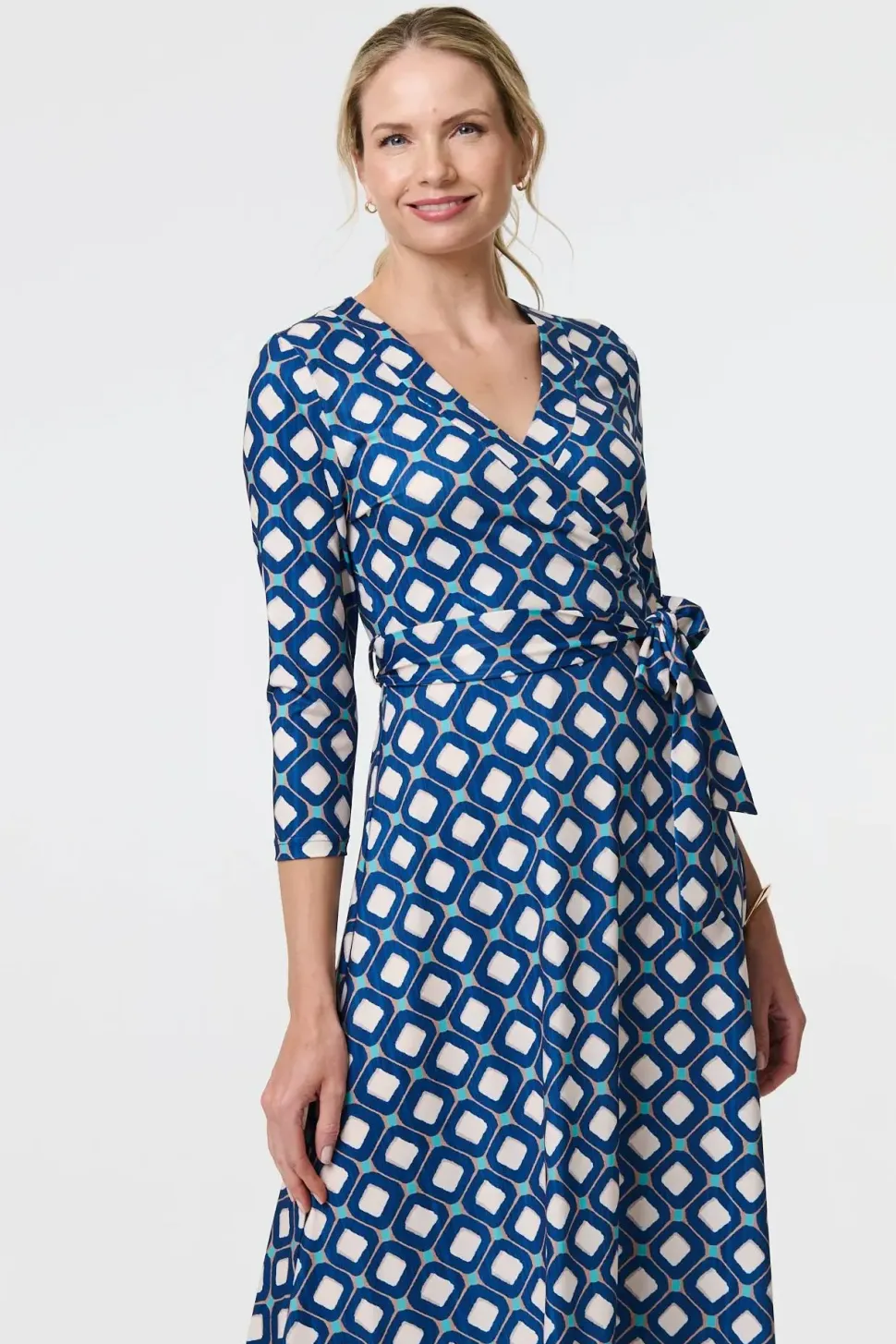 Geo Print 3/4 Sleeve Midi Wrap Dress