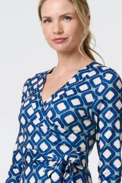 Geo Print 3/4 Sleeve Midi Wrap Dress