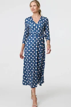 Geo Print 3/4 Sleeve Midi Wrap Dress