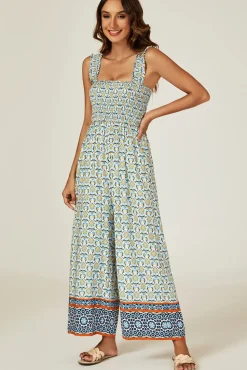 Geo Print Stretchy Smocked Wide Leg Jumpsuit In Blue