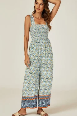 Geo Print Stretchy Smocked Wide Leg Jumpsuit In Blue