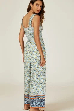 Geo Print Stretchy Smocked Wide Leg Jumpsuit In Blue