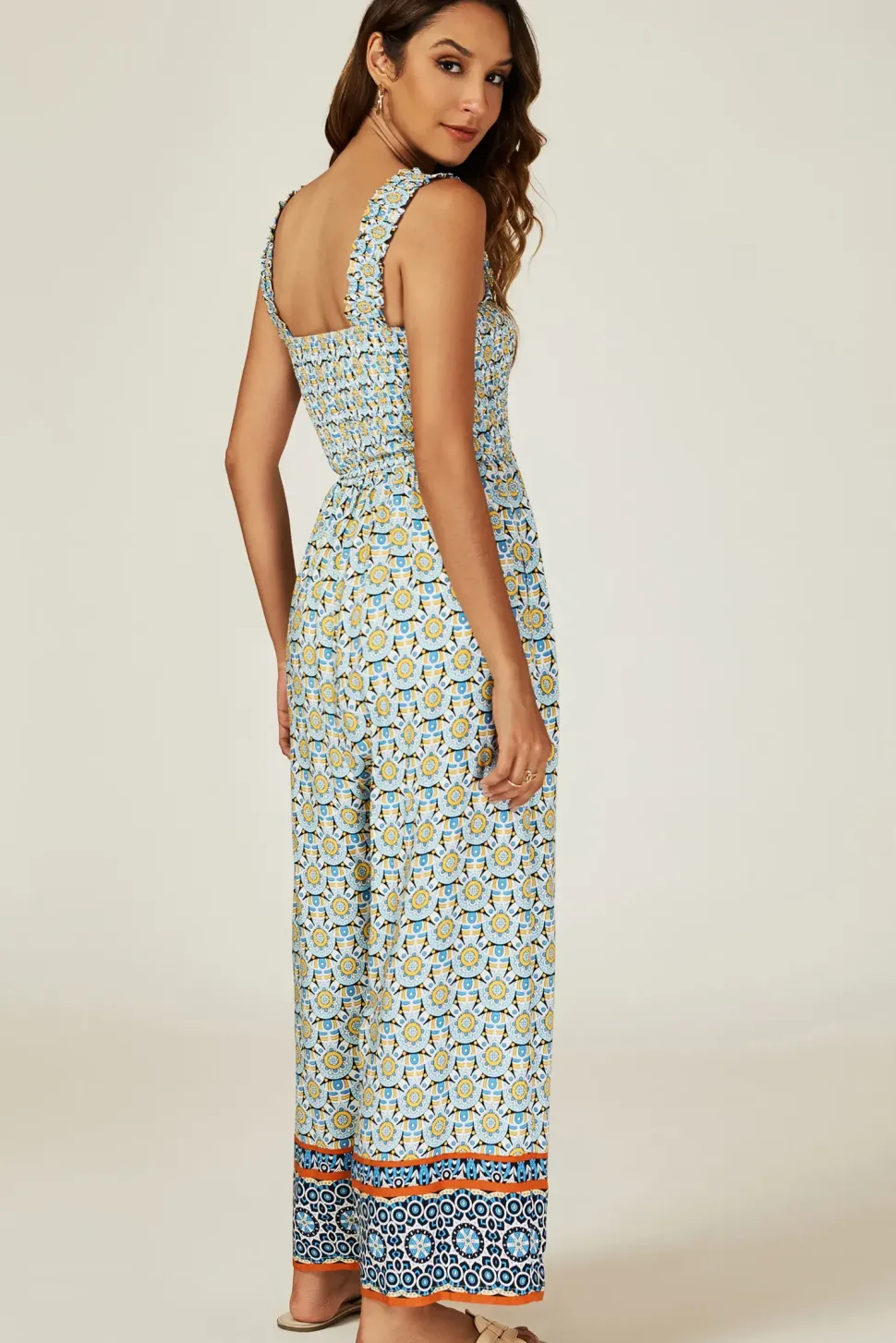 Geo Print Stretchy Smocked Wide Leg Jumpsuit In Blue