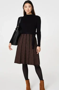 Geo Print Tie Waist Pleated Midi Jumper Dress