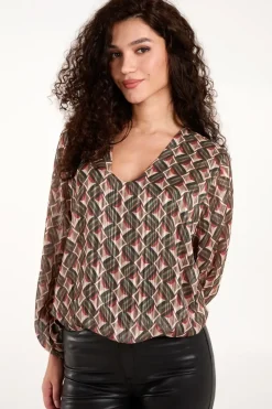 Geo Print V Neck Bubble Hem Top
