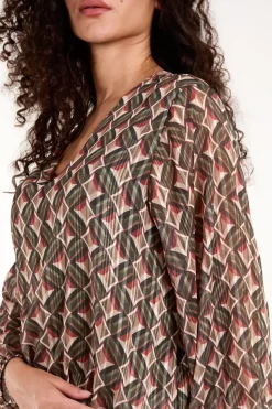 Geo Print V Neck Bubble Hem Top