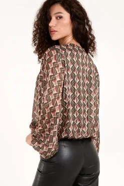 Geo Print V Neck Bubble Hem Top