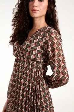Geo Print Wrap Front Pleated Dress