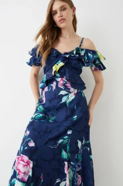Georgette Jacquard Frill Midi Dress