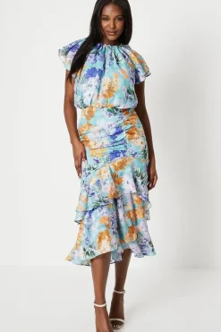 Georgette Jacquard Midi Dress With Ruched Skirt