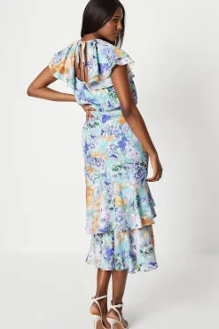 Georgette Jacquard Midi Dress With Ruched Skirt