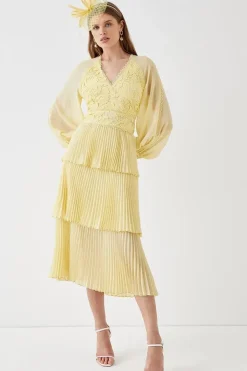 Georgette Lace Tiered Midi Dress With Blouson Sleeve