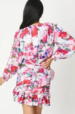 Georgette Mini Dress With Ruched Wrap Skirt