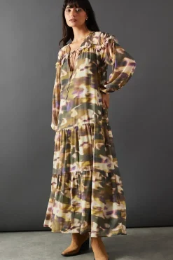 Georgette Tie Neck Tier Hem Midaxi Dress