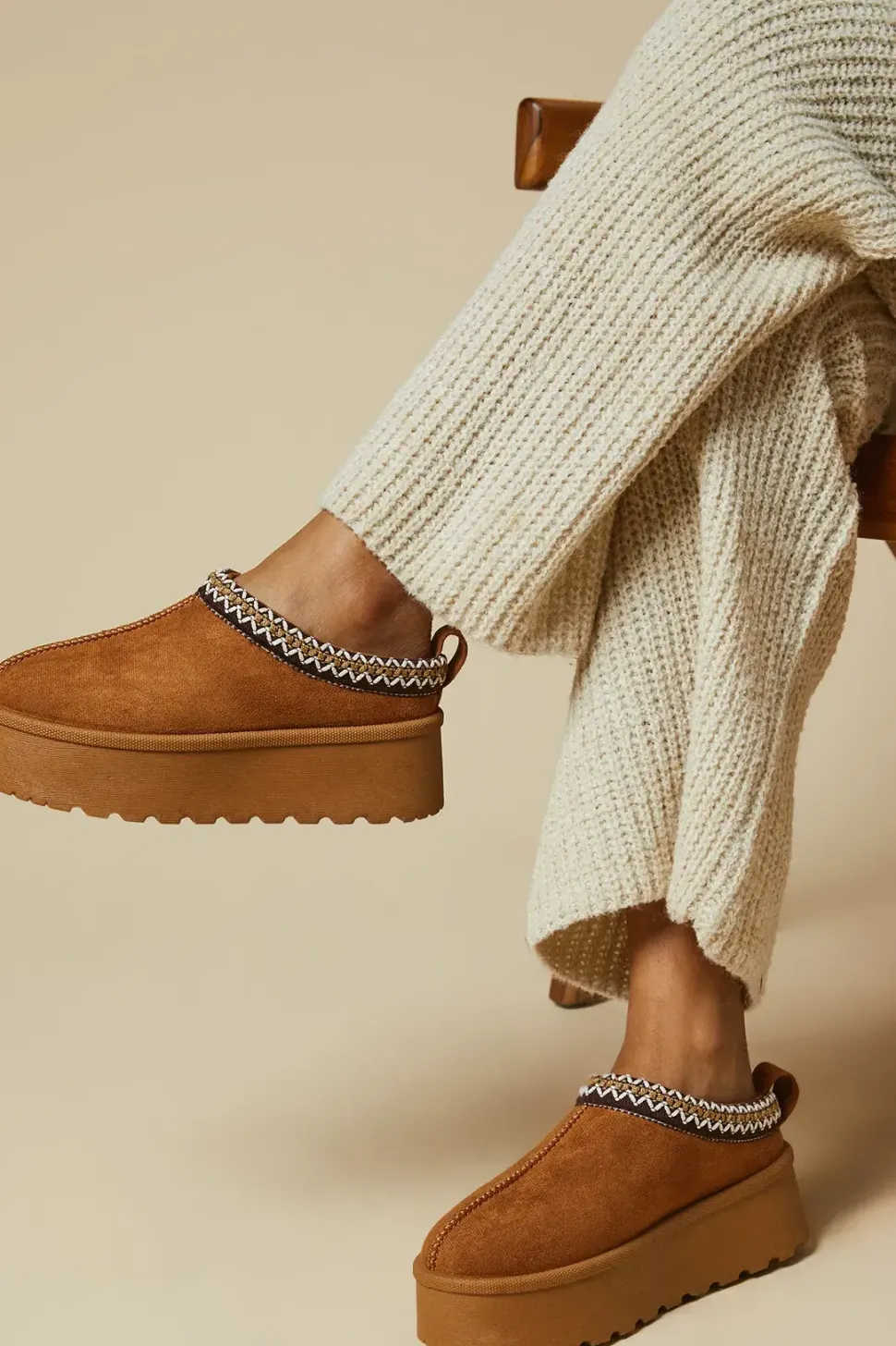Georgia Suedette Faux Fur Lined Stitch Detail Cosy Chunky Flatform Mules