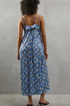 Geo Satin Strappy Square Neck Midi Sundress